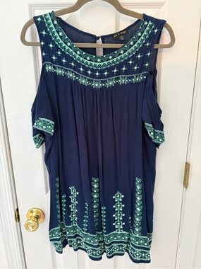 As U Wish Navy Cold-Shoulder Tunic with Mint Embroidery